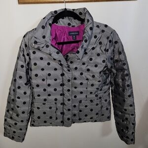 Lands End Gray Black Nylon Polka Dot Zip Pockets Snap Lined Puffer Jacket Sz XS